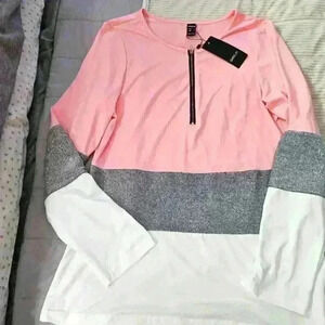 Sheilay- NWT- Long sleeve shirt. Size L .Pink silver & white